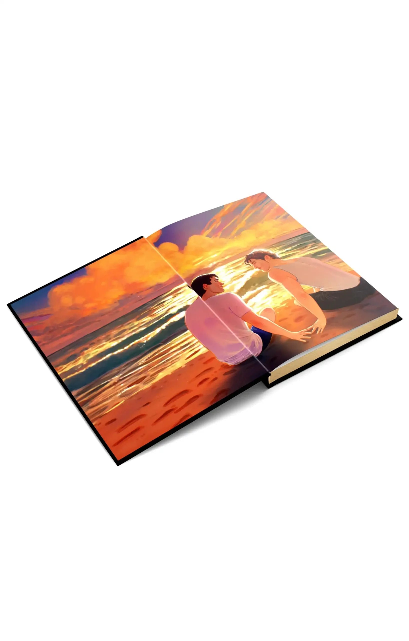 An open hardcover book displayed at an angle on a clean white background, featuring a vivid sunset beach scene printed across both pages with a couple sitting by the water.