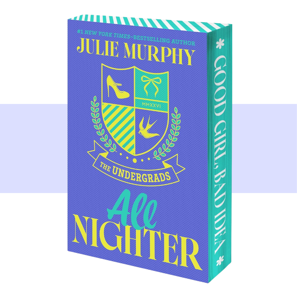 A contemporary romance book cover featuring a college crest, with playful, colorful design elements and the title The Undergrads: All Nighter prominently displayed.
