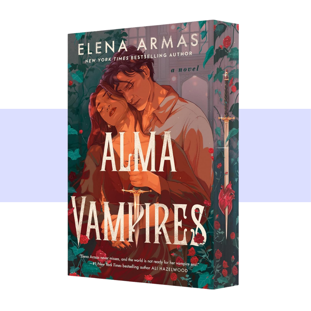 Book cover for the novel 'Alma Vampires' by Elena Armas, shown as a 3D book mockup against a white background with light purple side bars.