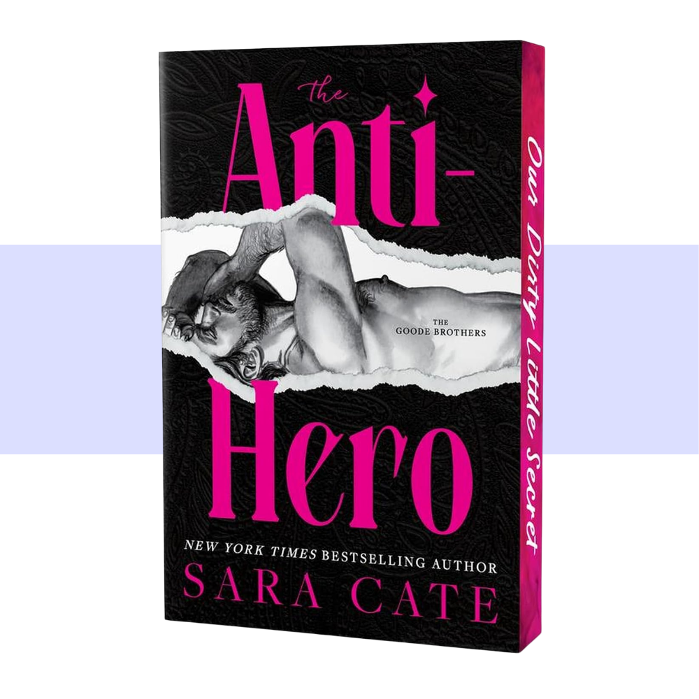Dark contemporary romance cover featuring a tattooed, muscular man in a suit with a woman beside him, with moody red and black tones and the title The Anti-Hero prominently displayed.