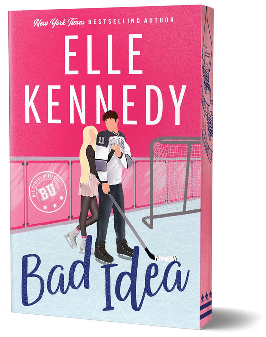 book cover art for Bad Idea by Elle Kennedy featuring a couple on a hockey rink on a pink cover 