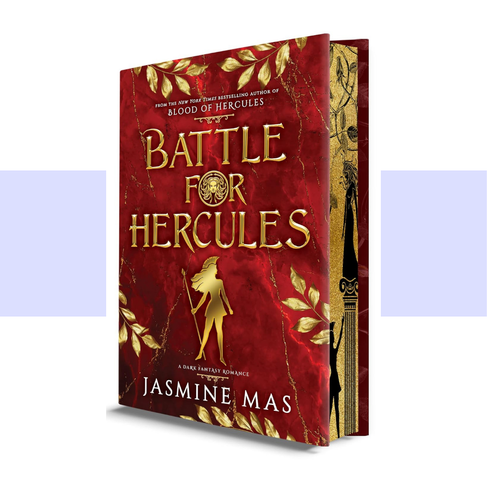 The book cover of 'Battle for Hercules' by Jasmine Mas, featuring a deep red marble-textured background with metallic gold lettering, decorative gold leaves, and a gold silhouette of a warrior holding a spear. The book is shown standing upright with its spine visible on the right side, set against a white background with light purple side bands.