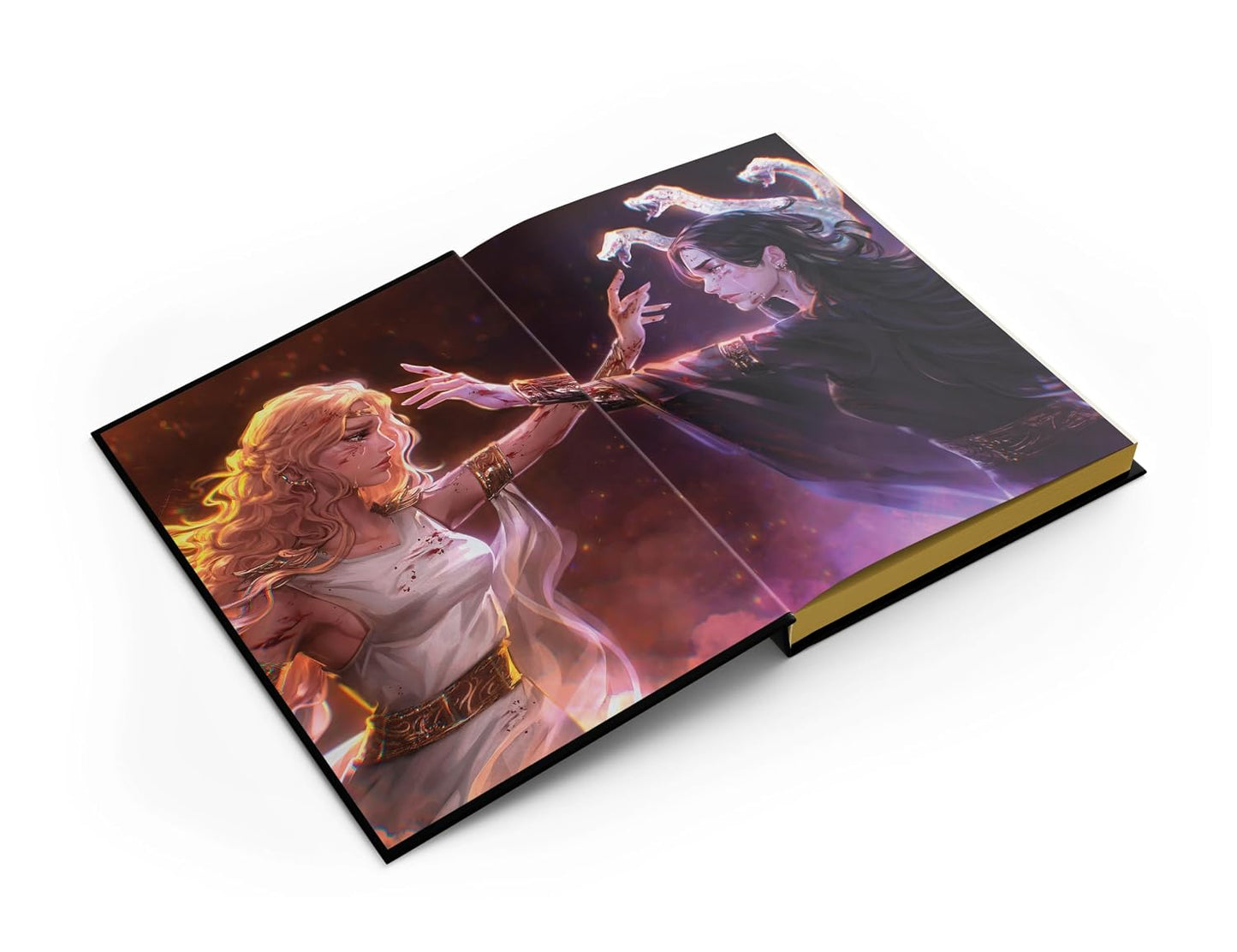An open hardcover book shown at an angle on a white background, featuring fantasy artwork on the pages with a blonde woman in white and a dark-haired figure in purple tones.