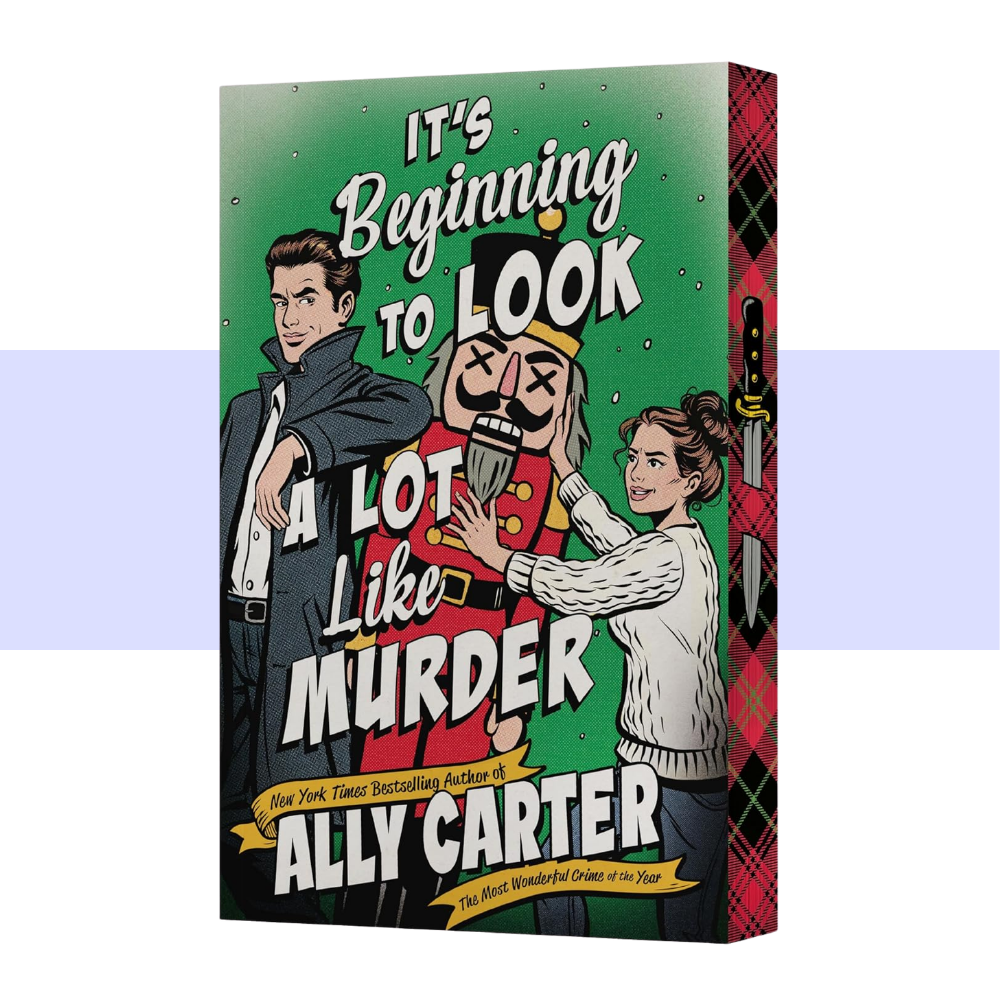 Book cover for 'It's Beginning to Look a Lot Like Murder' by Ally Carter, featuring a green background with illustrated characters and bold white title text.