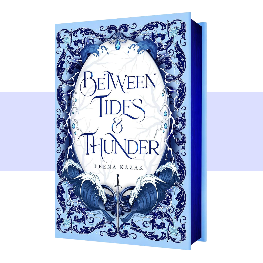 Between Tides & Thunder by Leena Kazak. Scrolling title in mirror surrounded by ivy and a sword on a blue background.