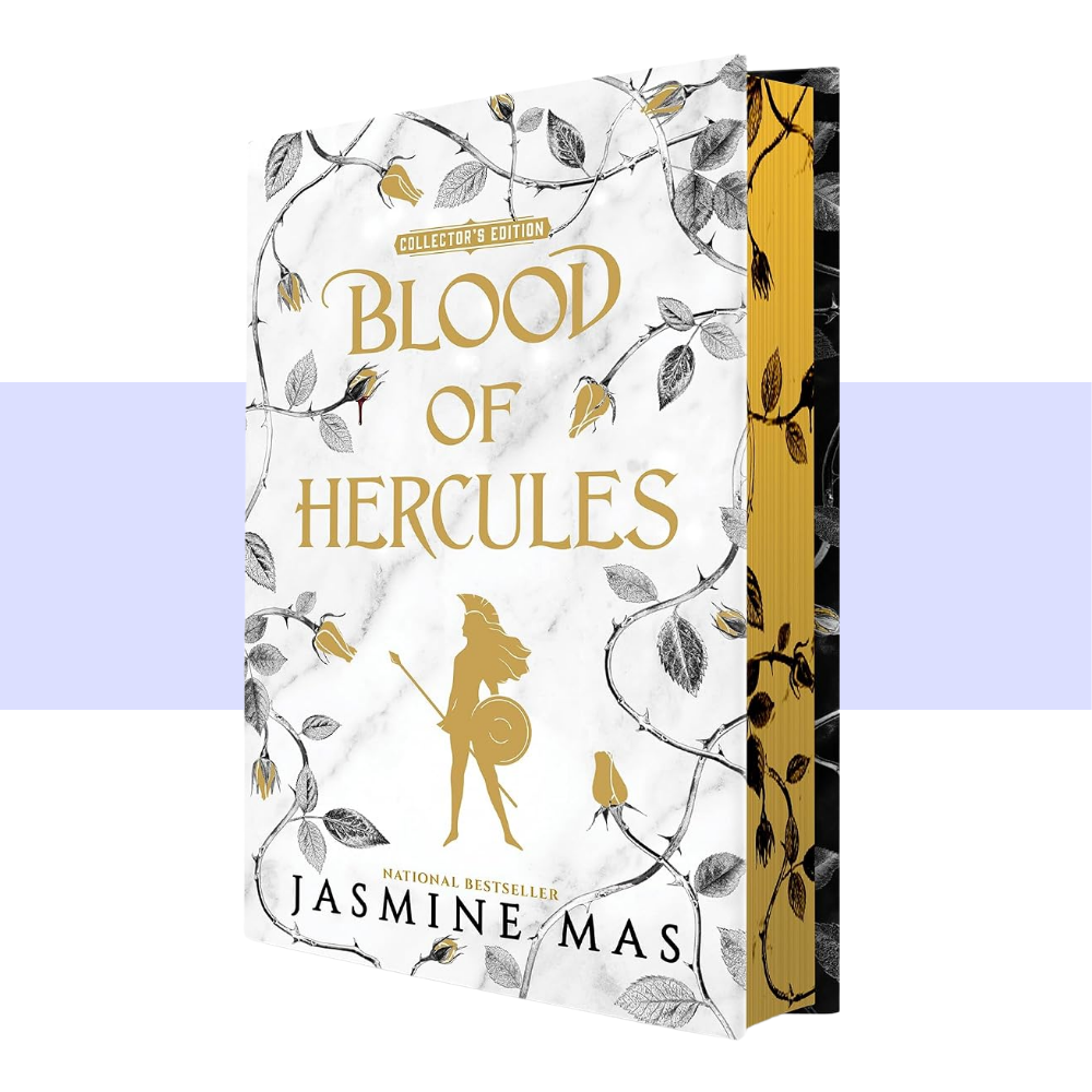 Blood of Hercules Collector's Edition book by Jasmine Mas, featuring a white marble-textured cover with gold lettering, a gold warrior silhouette, and gray leaf vines, shown with a gold spine on a white background with a light purple horizontal band.