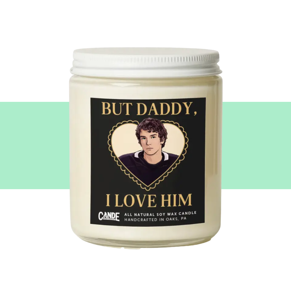 but daddy i love him hockey romance  candle clear jar white lid 