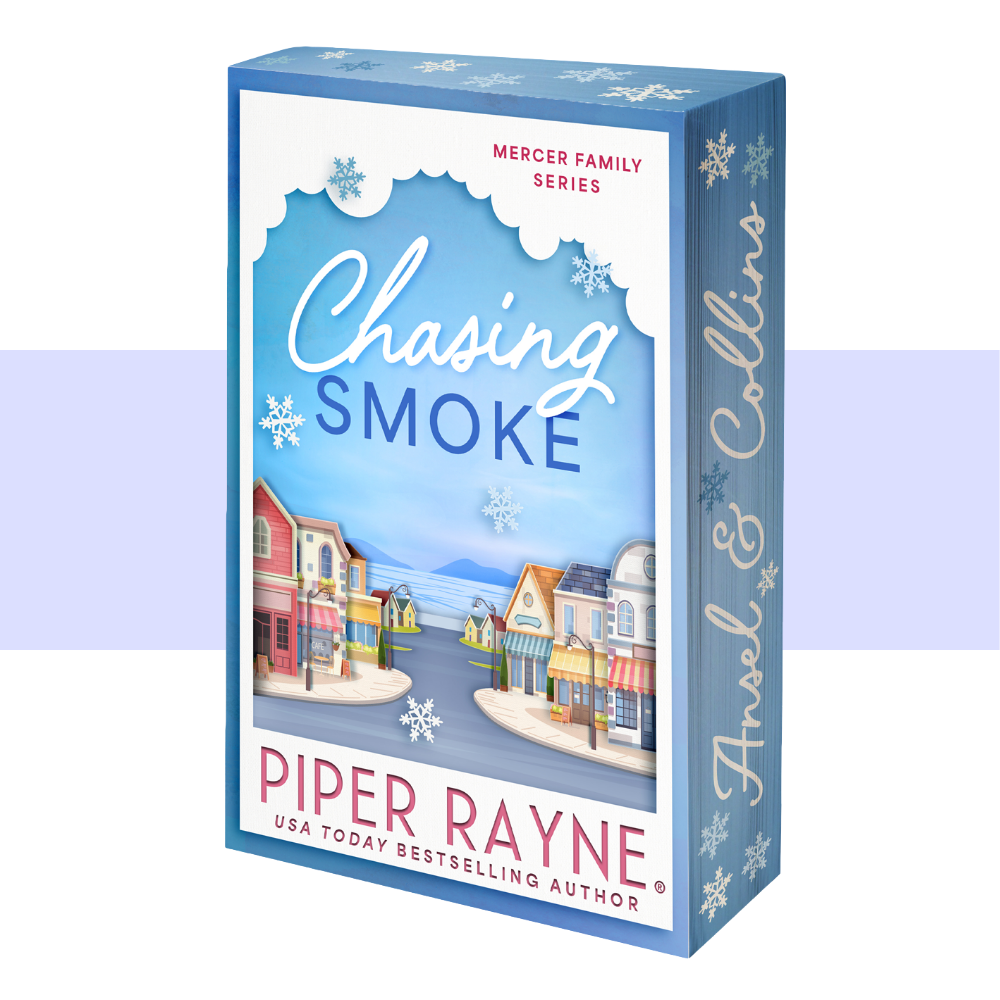 Book cover of chasing smoke by piper rayne depicting a christmas town with the title and authors name.
