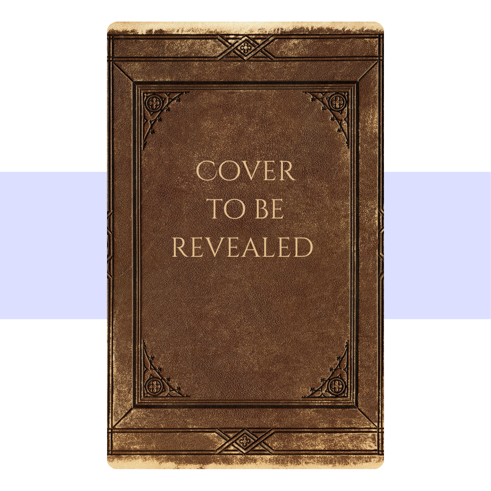 A rectangular product mockup resembling a vintage leather-bound book cover, centered on a white background with a light lavender horizontal band behind it. The cover is dark brown with embossed decorative corners and the text 'COVER TO BE REVEALED' in gold lettering.