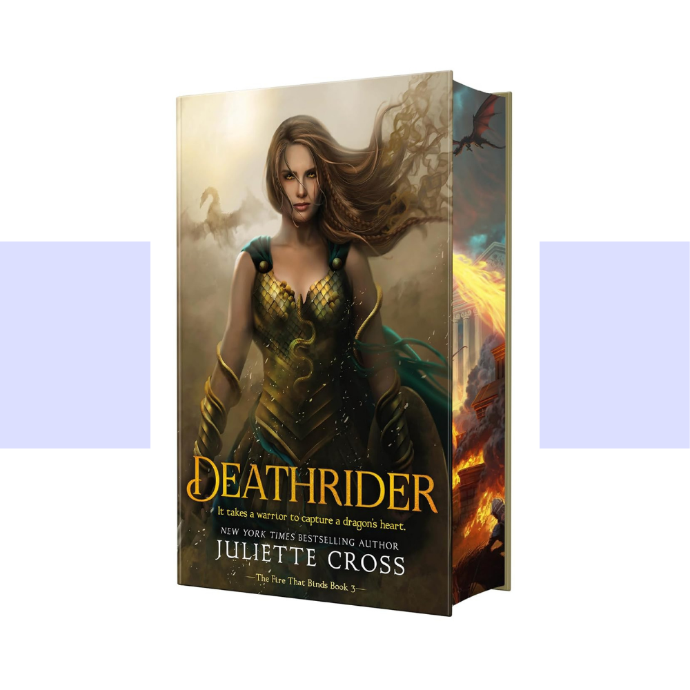 A 3D mockup of the paperback book 'Deathrider' by Juliette Cross, showing the front cover with a fantasy illustration of a warrior woman and the spine with a fiery dragon scene, set against a white background with light purple side banners.