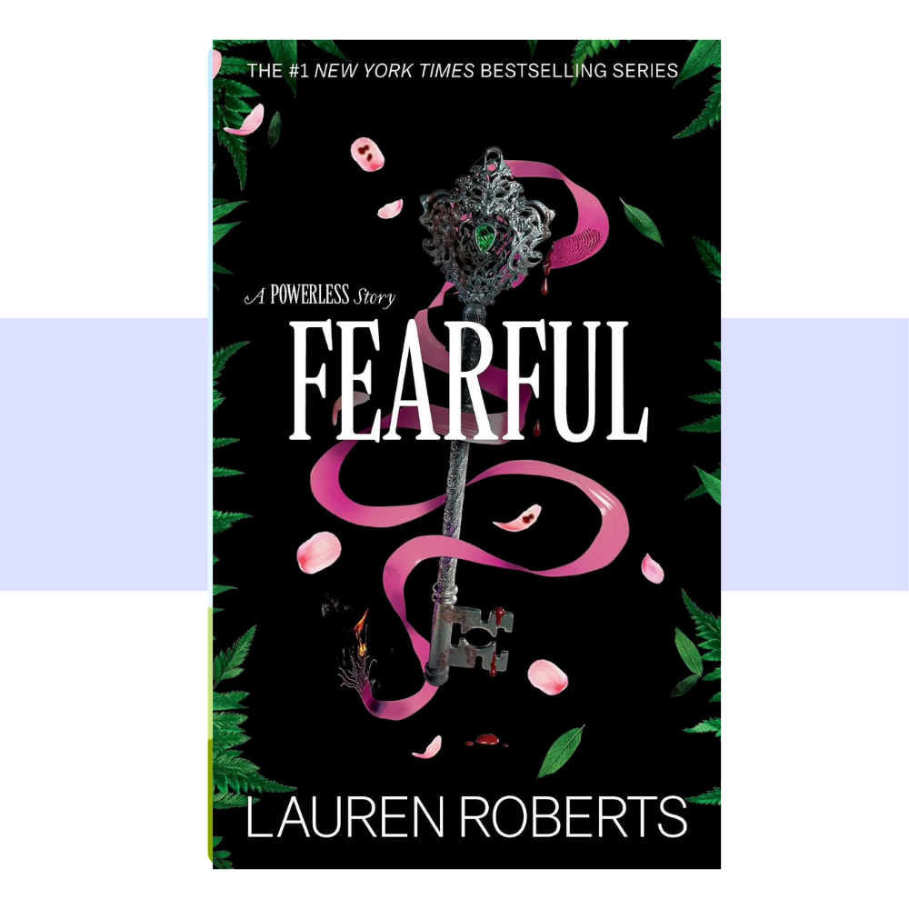 Book cover for 'Fearful' by Lauren Roberts, featuring a black background with a large ornate key, pink ribbon-like swirls, green leaves, and white title text. The cover is centered on a white background with a pale lavender horizontal band behind it.