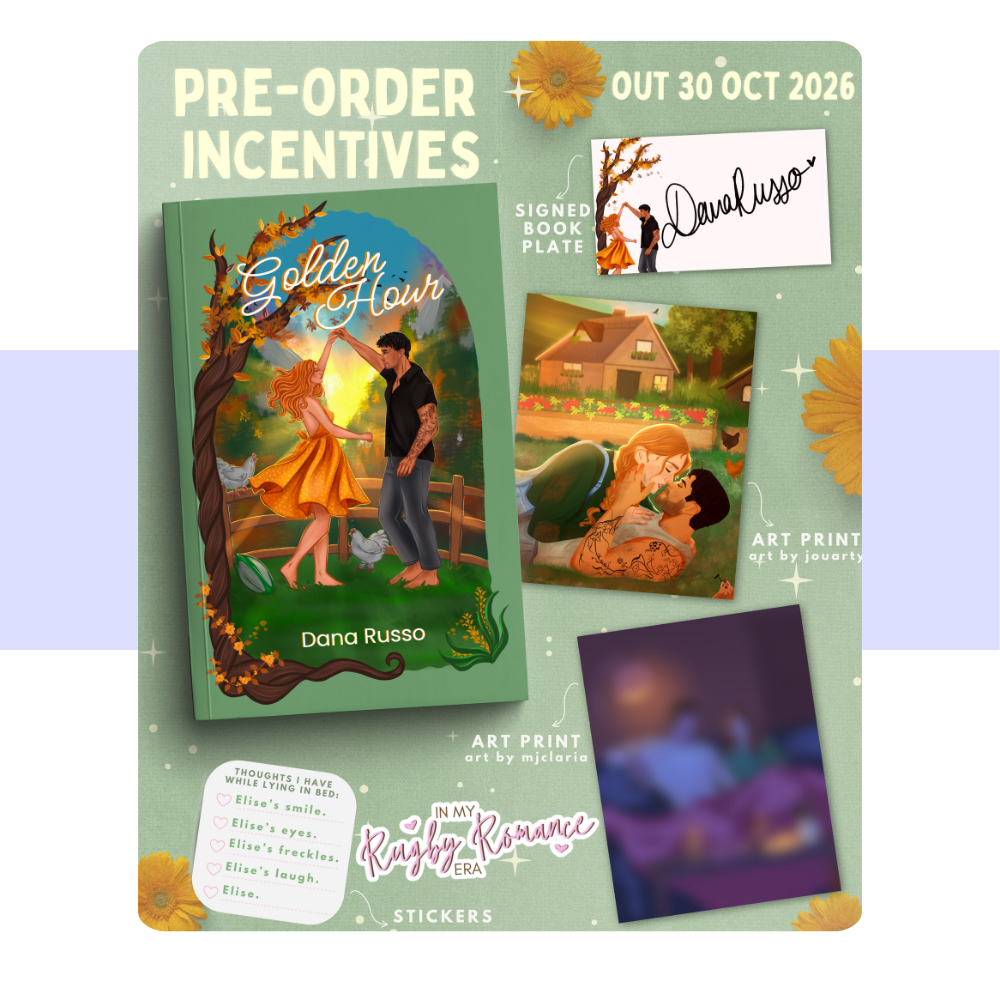 A promotional collage for pre-order incentives featuring a book cover titled 'Golden Hour' by Dana Russo, a signed book plate reading 'Davalo Russo,' an art print, a mini romance sticker, and text announcing out 30 Oct 2026.