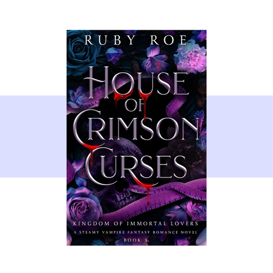 Book cover for 'House of Crimson Curses' by Ruby Roe, featuring a dark purple and black background with roses, butterflies, and a serpent, centered on a white background with a light purple horizontal band.