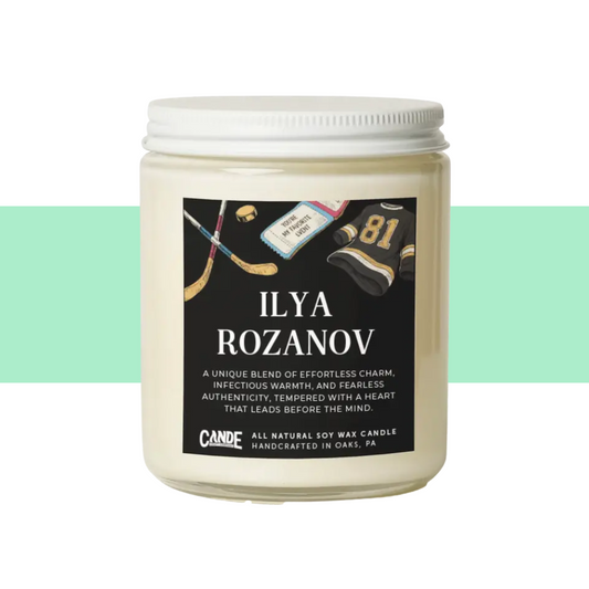 ilya rozanov hockey romance fan candle clear jar, black label, white lid 