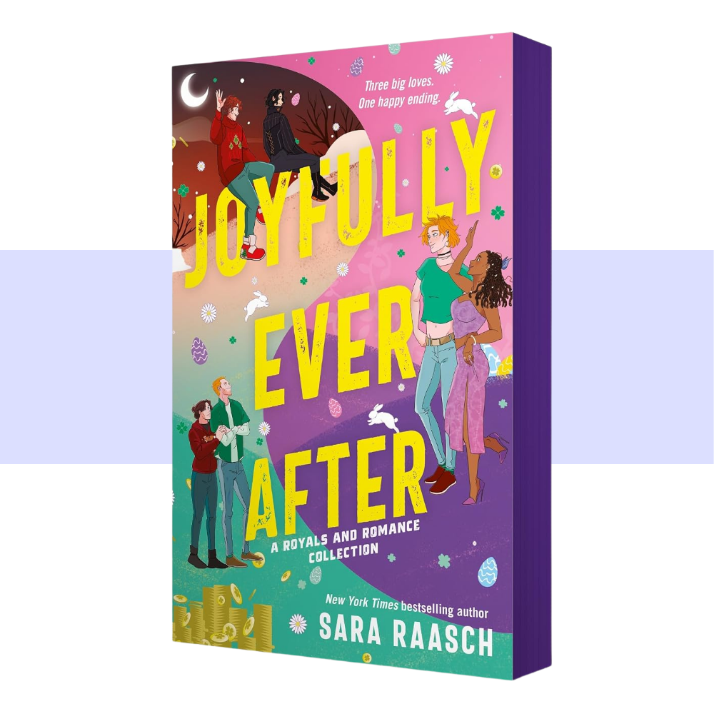 Book cover for 'Joyfully Ever After: A Bivols and Romance Collection' by Sara Raasch, shown as a 3D book mockup against a white background with a light purple horizontal band.