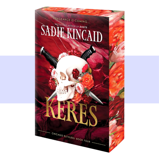 Book box for 'Keres' by Sadie Kincaid, featuring a skull with roses and crossed knives on a dark red floral background, with gold title text and orange-red floral sides.