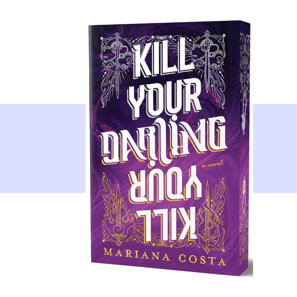 The book cover of 'Kill Your Darling' by Mariana Costa, featuring a dark purple background with white gothic-style title text and gold ornate illustrations, shown as a 3D book mockup against a white background with light purple side bands.