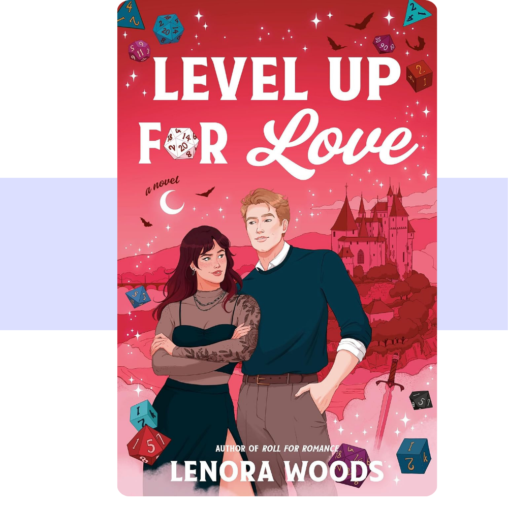 Book cover for 'Level Up for Love' by Lenora Woods, featuring an illustrated red and pink fantasy scene with a couple standing in front of a castle, surrounded by dice, bats, and stars.