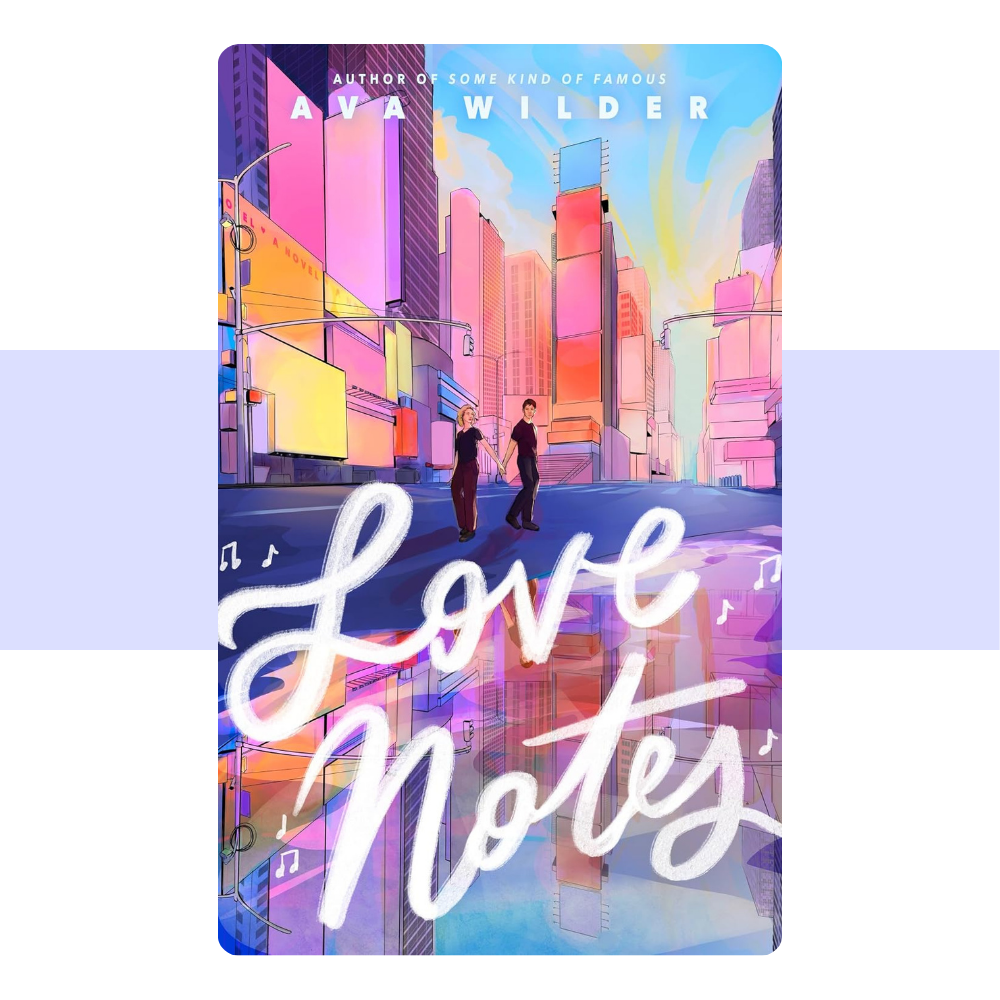 Book cover for 'Love Notes' by Aya Wilder, featuring a colorful, stylized illustration of a city street with two people walking under a bright sky. The title 'Love Notes' is written in large white script across the lower half.