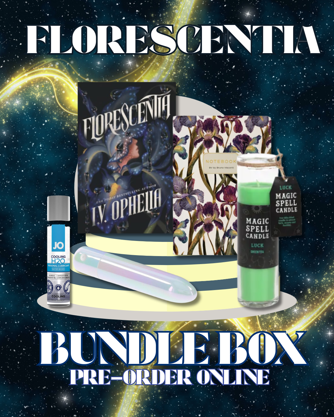 A promotional bundle box graphic for 'Florescentia' pre-order, featuring a book, a candle, a spray bottle, and a glass candle on a pedestal against a starry space background. Large text reads 'FLORESCENTIA' at the top and 'BUNDLE BOX PRE-ORDER ONLINE' at the bottom.