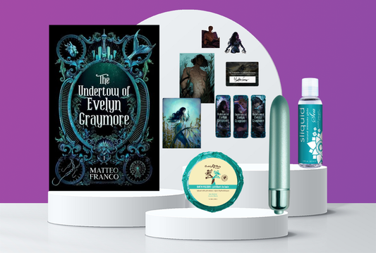 A curated product display featuring the book cover of 'The Undertow of Evelyn Graymore' by Matteo Franco, alongside themed merchandise including a teal cylindrical object, a round teal-and-beige item, a small bottle labeled 'Anima', and several art cards or prints arranged on white pedestals against a purple background.