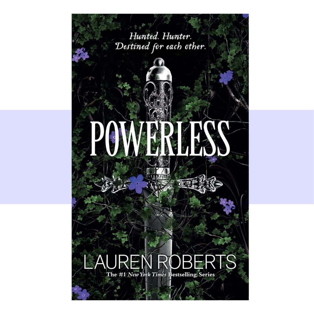 Book cover art for Powerless by Lauren Roberts. Text in white print on black background featuring a silver, ornate sword wrapped in Ivey and purple flowers.