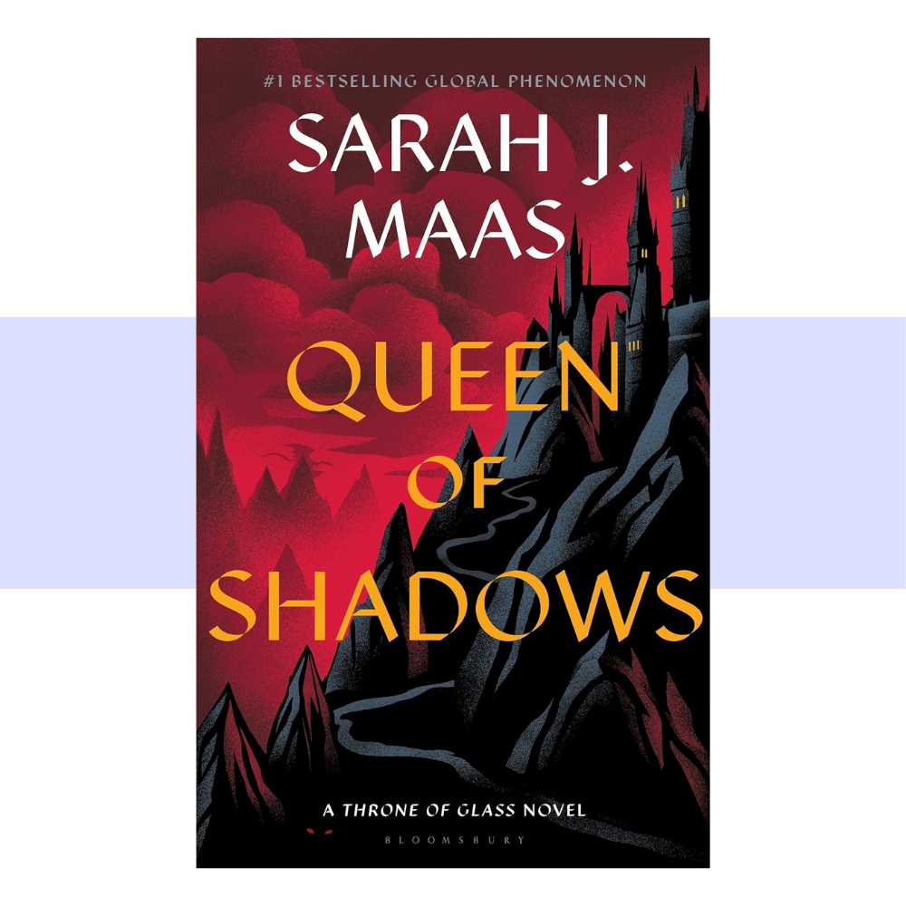 Book cover for 'Queen of Shadows' by Sarah J. Maas, featuring a dark red sky, black spires, and large gold title text, shown centered on a white background with a pale lavender horizontal band behind it.
