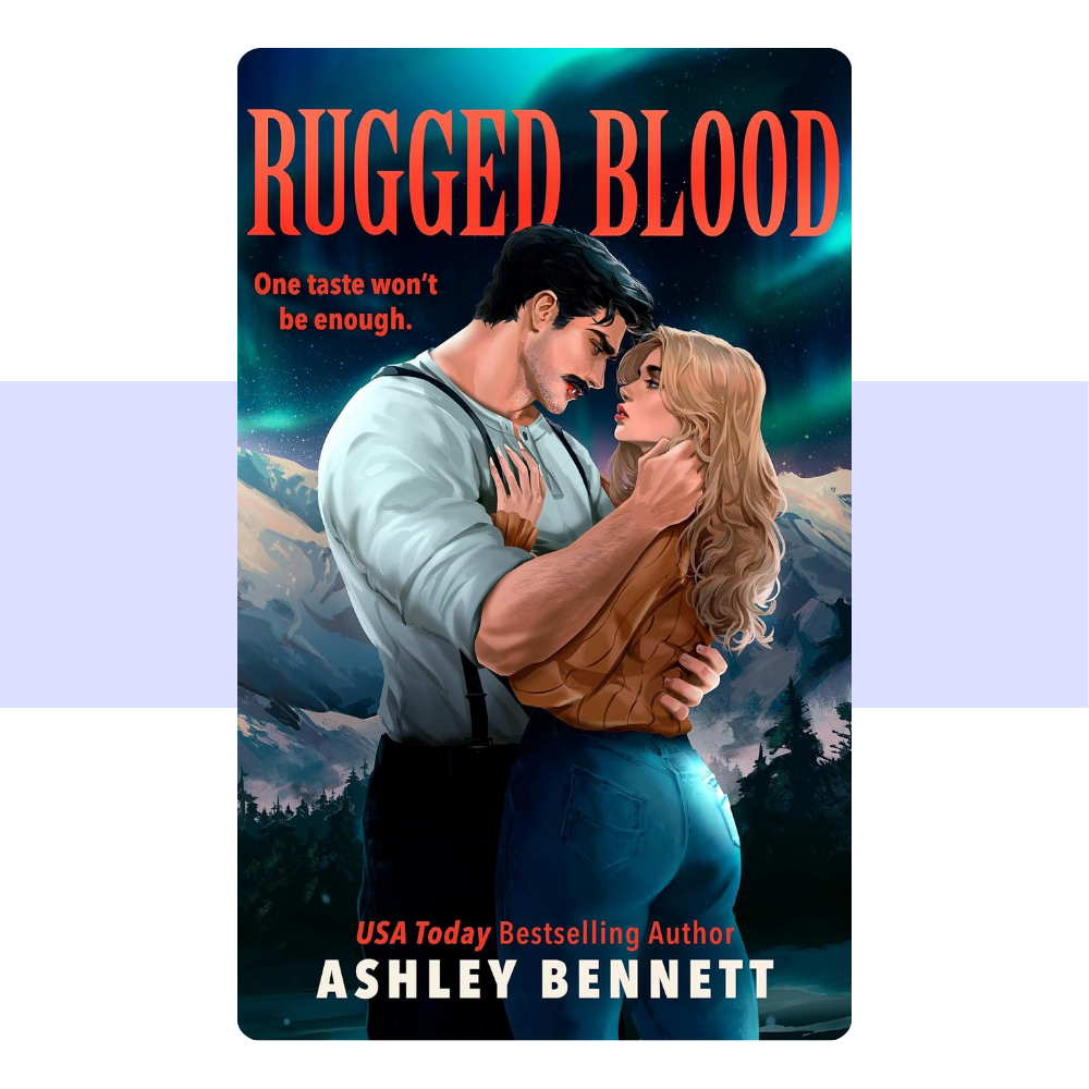 Book cover for 'Rugged Blood' by Ashley Bennett, featuring an illustrated couple embracing in front of mountains under a starry sky. The title appears in large orange-red text at the top, with the author name in white at the bottom.