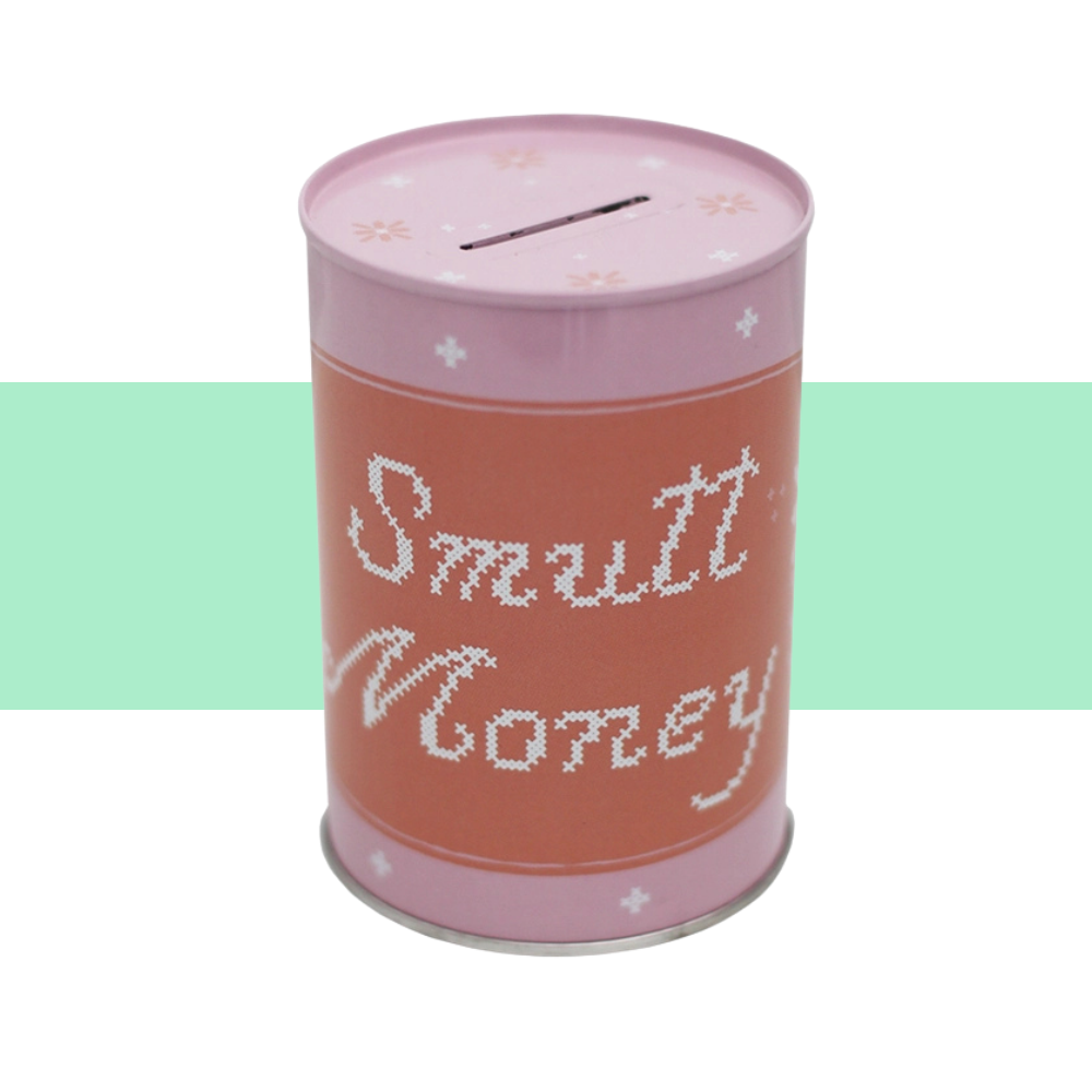pink and red smut money tin coin bank