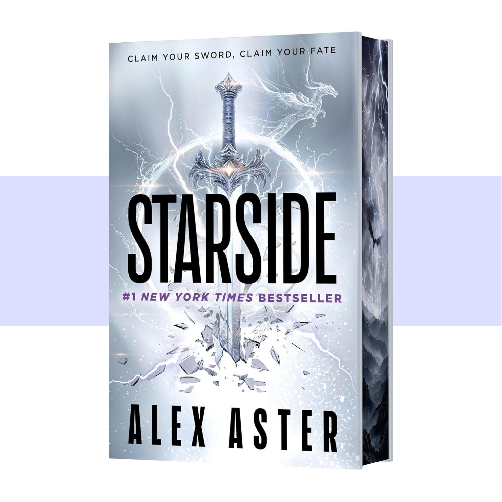 Book cover for 'Starside' by Alex Aster, featuring a large silver sword breaking through shattered glass with lightning effects, shown as a 3D book mockup on a white background with a light purple horizontal band.