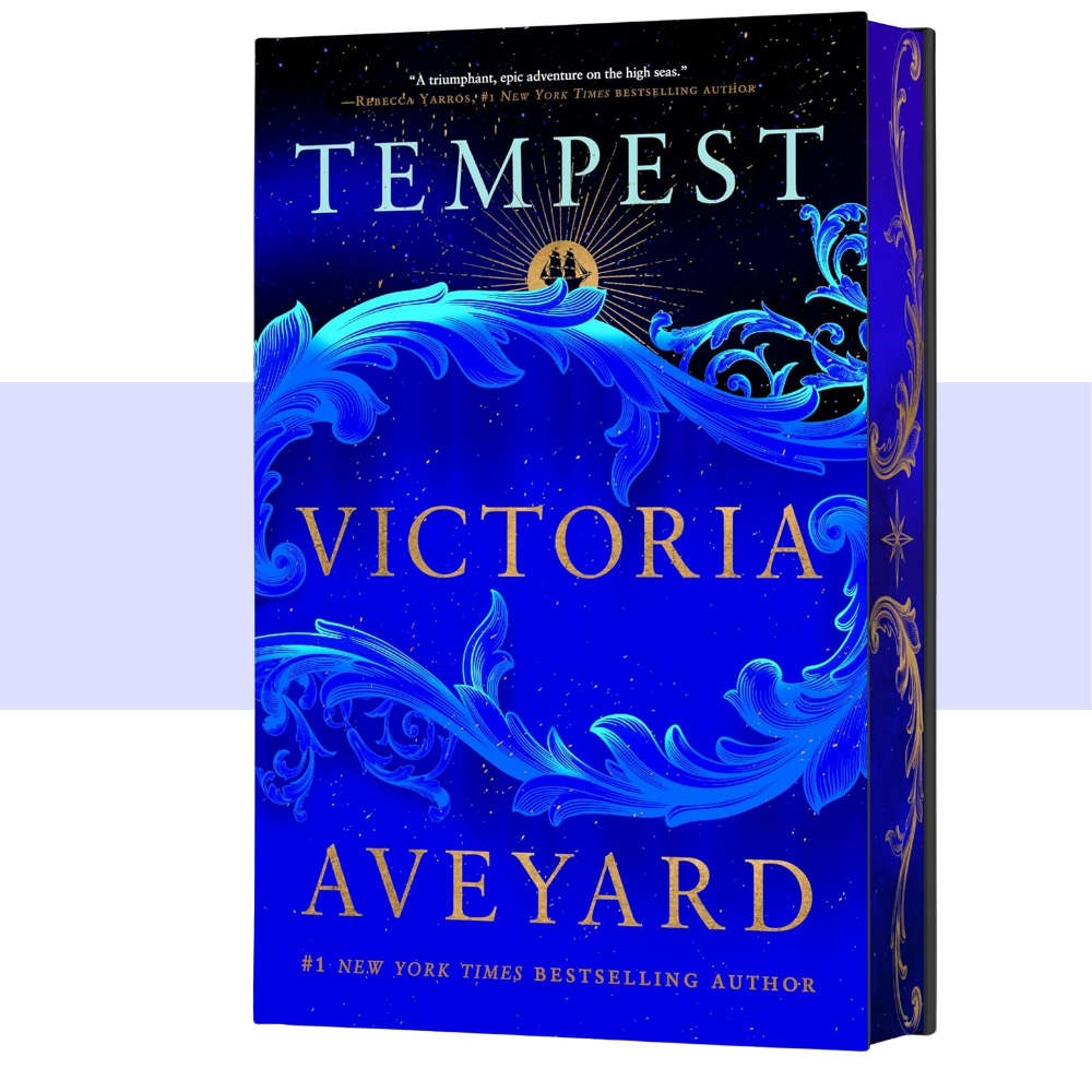 Book cover of the novel 'Tempest Victoria' by Aveyard, featuring a deep blue background with ornate blue wave-like patterns and gold lettering, shown as a 3D book mockup against a white background with a light purple horizontal band.