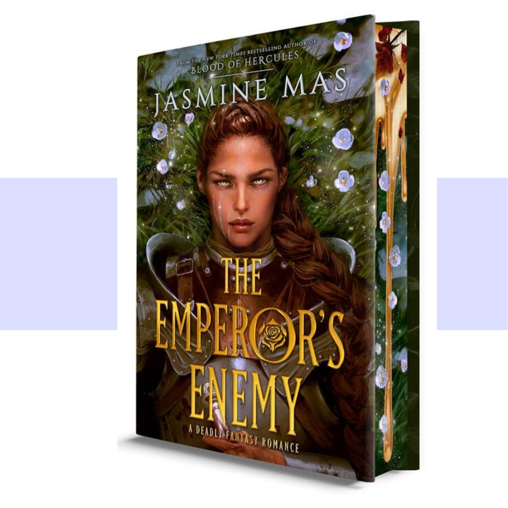 Book cover for 'The Emperor's Enemy' by Jasmine Mas, featuring a woman in armor against a forest background with flowers, shown as a 3D book mockup on a white background with light purple side panels.