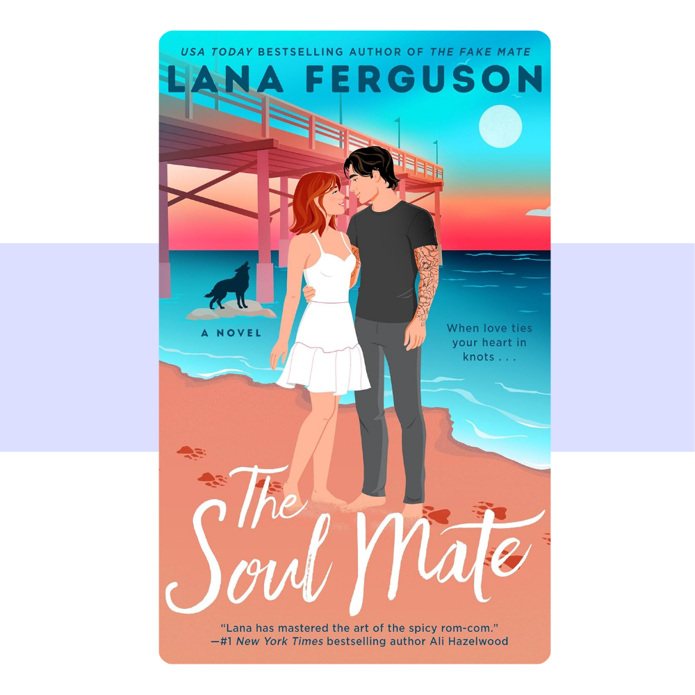Book cover for 'The Soul Mate' by Lana Ferguson, featuring an illustrated couple embracing on a beach with a pier and ocean in the background, set against a light lavender background.