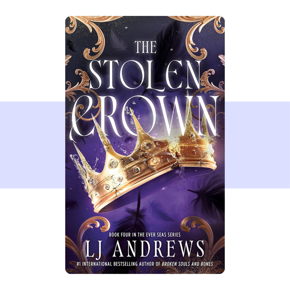 Book cover for 'The Stolen Crown' by LJ Andrews, featuring a large golden crown against a dark purple night sky with ornate gold scrollwork and white title text.