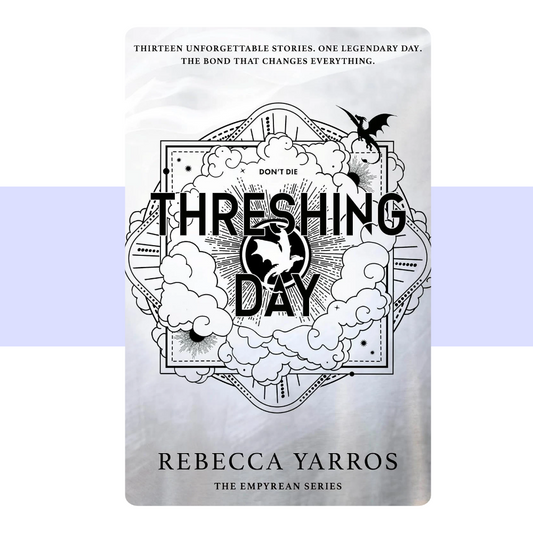 Book cover for 'Threshing Day' by Rebecca Yarros, featuring a monochrome fantasy illustration with birds, clouds, and a central emblem on a light gray background.