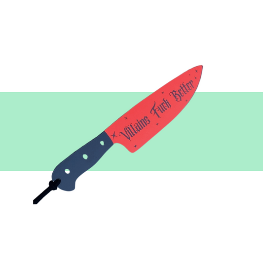 red knife bookmark with black handle and says villains fuck better 