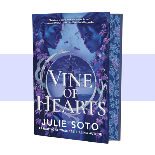 Book cover for 'Vine of Hearts' by Julie Soto, featuring a dark blue and purple fantasy illustration with two faces in profile, floral vines, and large white title text, shown on a white background with a pale lavender horizontal band behind it.