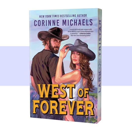 A 3D mockup of the paperback book 'West of Forever' by Corinne Michaels, showing the front cover and spine against a white background with a light purple horizontal stripe.