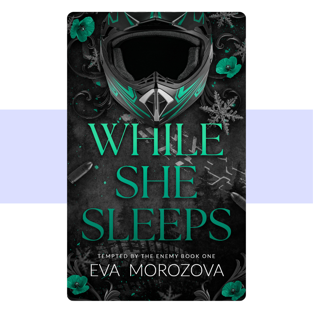 Book cover of While She Sleeps by Eva Morozova. Image depicts the book title in big green text with a motorcycle helmet above the title.