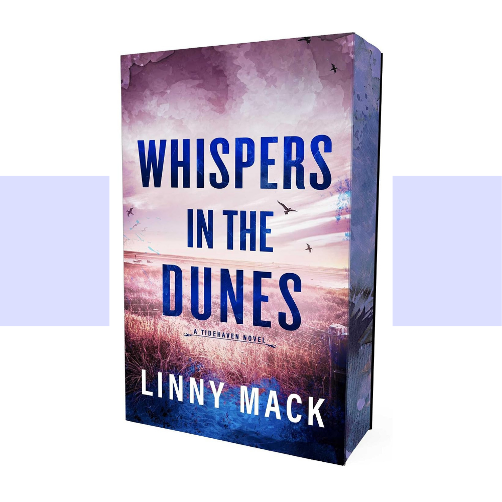 A 3D mockup of a book cover for 'Whispers in the Dunes' by Linny Mack, showing a purple and blue desert landscape with birds and a dramatic sky, set against a white background with light purple side bars.