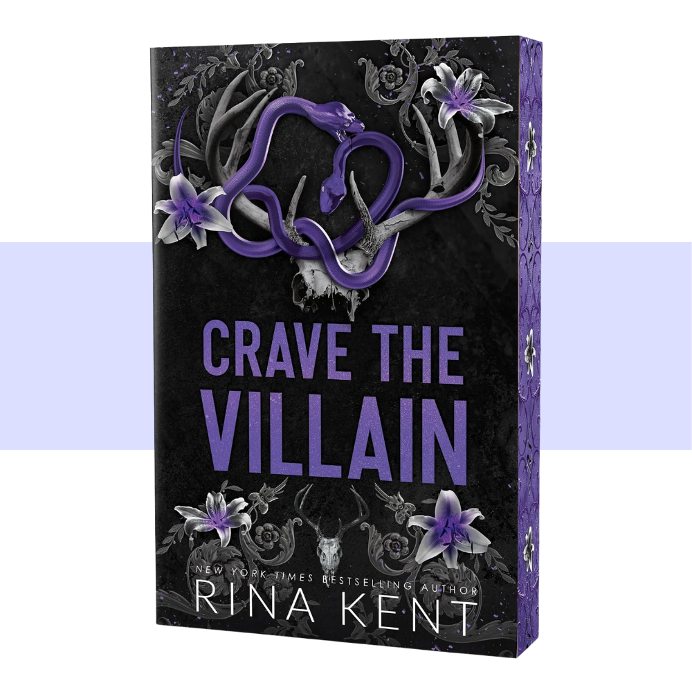 Book cover for 'Crave the Villain' by Rina Kent, featuring a black background with a purple snake, white flowers, and ornate gray details, shown as a 3D book mockup on a white background with a light purple horizontal band.