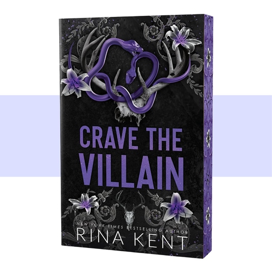 Book cover for 'Crave the Villain' by Rina Kent, featuring a black background with a purple snake, white flowers, and ornate gray details, shown as a 3D book mockup on a white background with a light purple horizontal band.